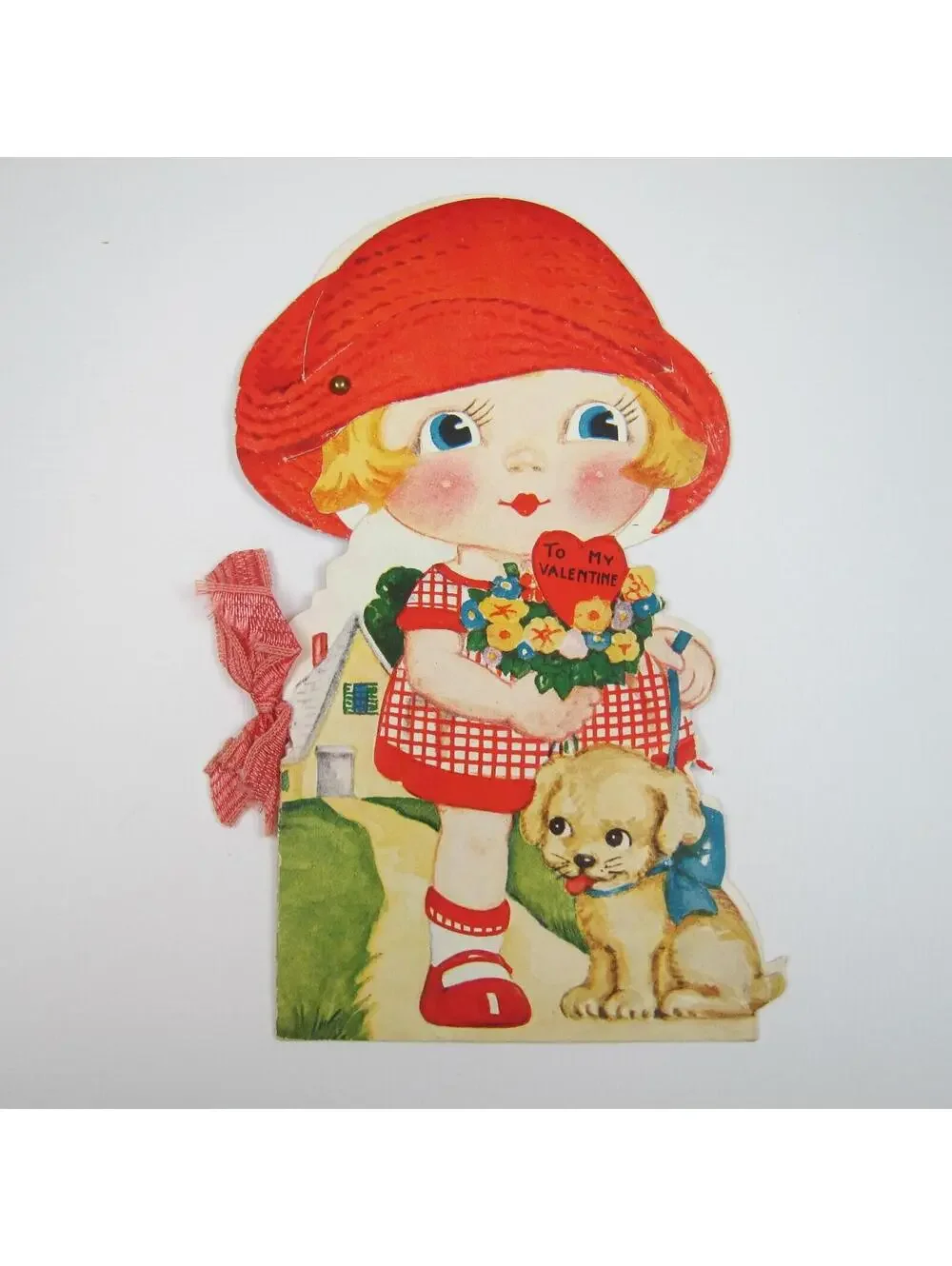 Vintage Valentine Mechanical Red Hat Blonde Girl Puppy Dog LARGE Story Book RARE